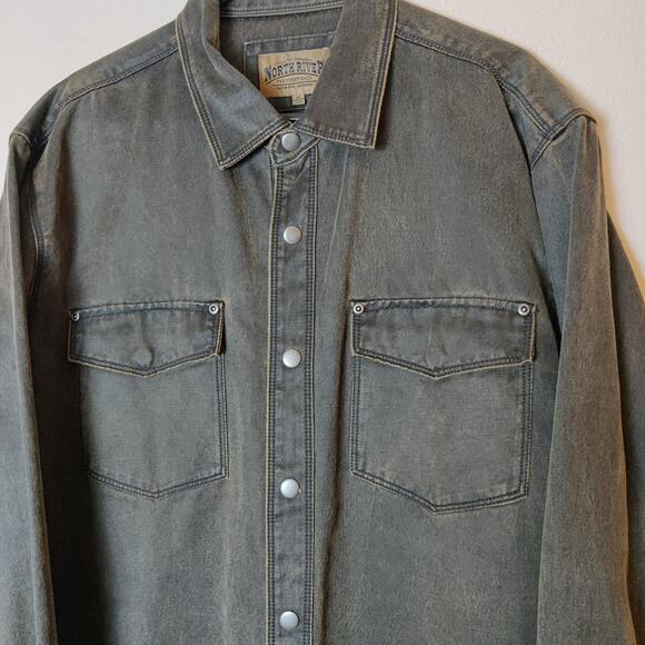 Vtg 90s North River Faux Leather Coated Canvas Snap Button Outdoor Work Shirt XL - Picture 3 of 10